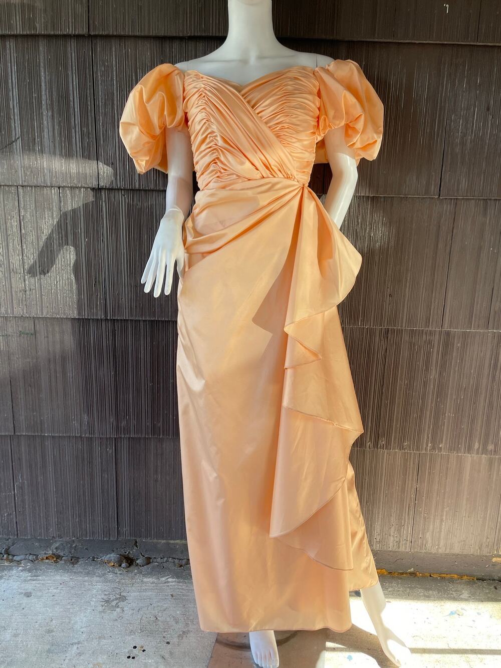 🔥80s Off The Shoulder Puff Sleeves Ruched Ruffle Taffeta Dress Gala Princess